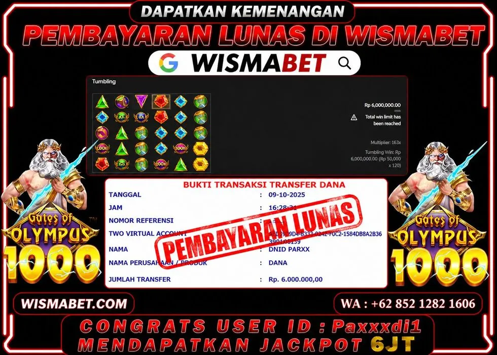 Wismabet - BUKTI KEMENANGAN Gates Of Olympus 1000x Rp6,000,000,- LUNAS